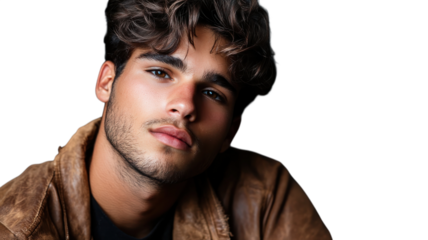 Young man poses confidently with stylish jacket and tousled hair in a studio setting.