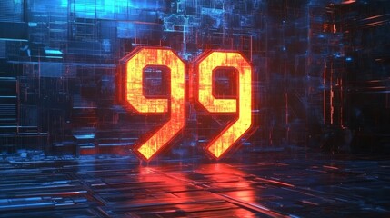 Futuristic Numeric Display of Illuminated Three-Digit Ninety-Nine in a Technical Environment Setting