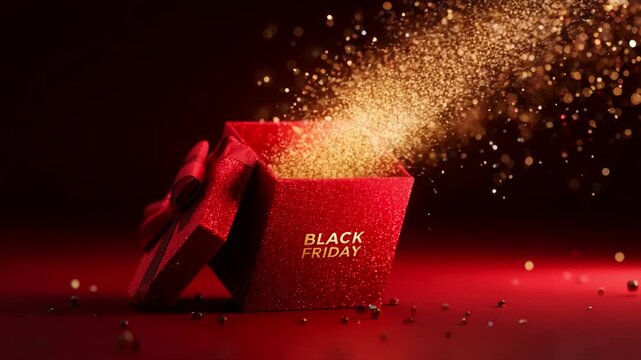 A Stunning Red Gift Box Explodes with Glittering Sparkles in a Captivating Display of Holiday Excitement During the Black Friday Sales Event, Signifying the Start of Festive Shopping.