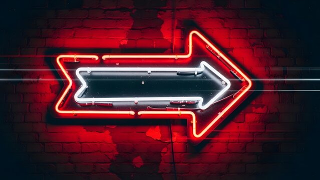 Glowing neon arrow sign pointing right on a dark textured background - Powered by Adobe