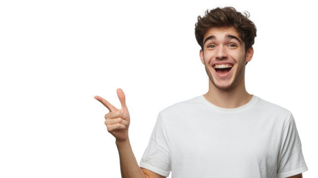 Young man smiles broadly and points to the side in a cheerful manner on a plain white background.