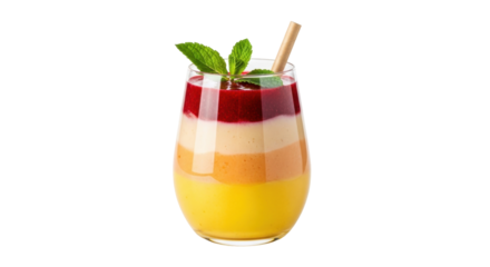 Isolated glass of layered fruit smoothie with mint leaves and a straw, colorful summer drink