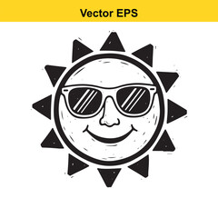Doodle style happy sun wearing sunglasses isolated on white background