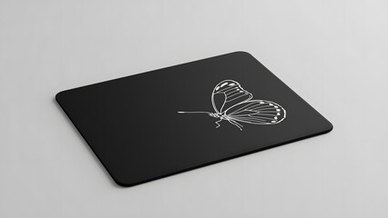 A black rectangular mousepad with a detailed butterfly illustration.