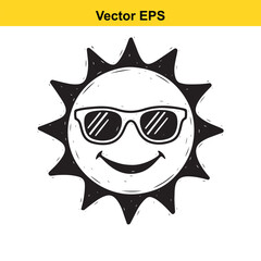 Doodle style happy sun wearing sunglasses illustration isolated on white background