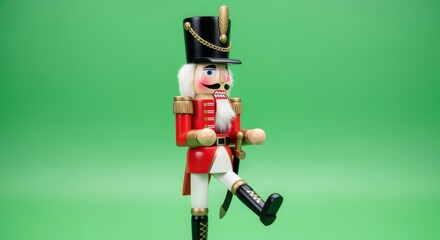 A wooden nutcracker soldier in a red coat and black hat, marching forward on a green background.