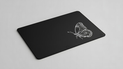 Black card featuring a delicate white butterfly illustration on the right side.