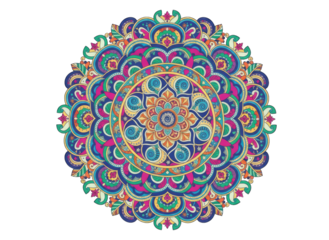 Intricate Colorful Mandala Design with Symmetrical Patterns and Vibrant Hues Isolated on Black Background