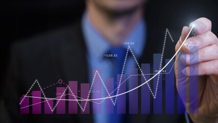 Animated graphs with businessman pointing upward growth lines. Future profits, increasing sales, and excellent financial status concept
