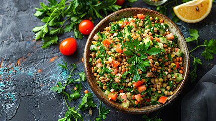A bowl of lentil salad with tomatoes, cucumber and parsley on a dark textured surface with lemon