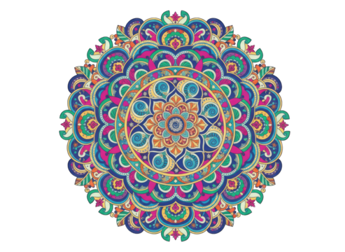 Intricate Colorful Mandala Design with Symmetrical Patterns and Vibrant Hues Isolated on Black Background