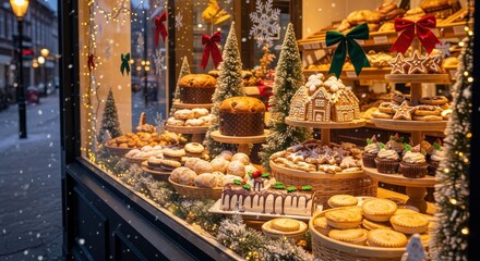 A festive bakery window display showcasing a variety of Christmas treats and decorations.