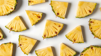 A high resolution top down image of pineapple chunks and slices scattered on a bright white background displaying a vibrant yellow fruit pattern
