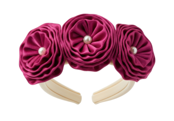 Isolated headband with magenta flowers and pearl beads, fashion accessory for girls and babies