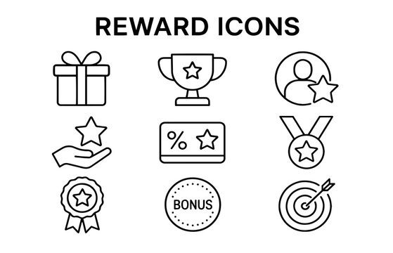 Title: Set of Reward Icons Featuring Various Symbols of Achievement, Recognition, and Incentives
