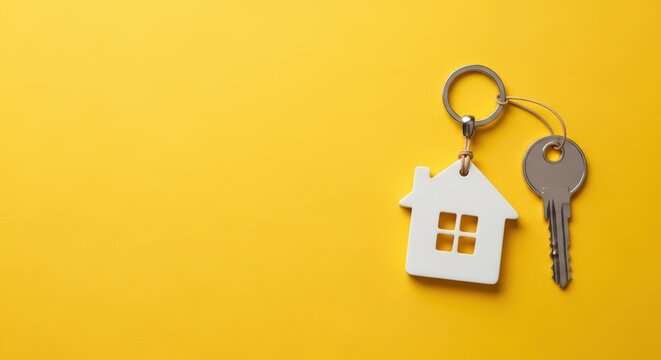 Houseshaped keychain and key on a bright yellow background