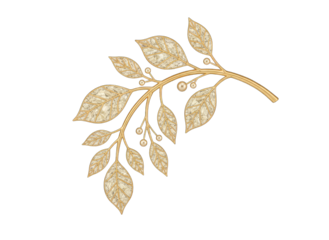 Intricate golden branch adorned with sparkling leaves and tiny berries creating an elegant flourish on a transparent background adding a touch of luxury and sophistication