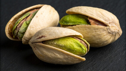 Pistachio nuts against a dark background, with each nut partially open to reveal the vibrant green kernel inside