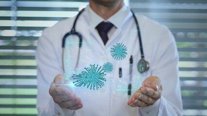 Doctor with stethoscope presenting holographic display of viruses as futuristic medical science concept