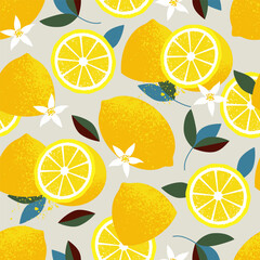 seamless pattern of lemons, lemon slices, flowers, and leaves on a light gray background. plant background of citrus fruits. stock vector illustration. EPS 10.