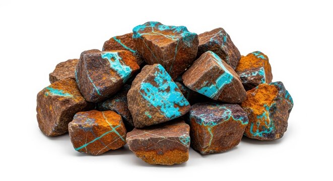 Pile of rough chrysocolla mineral stones isolated on white background