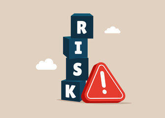 Cubic on stack with the word RISK and exclamation attention sign. Risk management, control or lose money in investing. Flat vector illustration