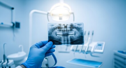 Fototapeta premium Hand in blue glove holding panoramic dental x-ray film in a bright modern dental clinic for oral health diagnosis concept and medical technology
