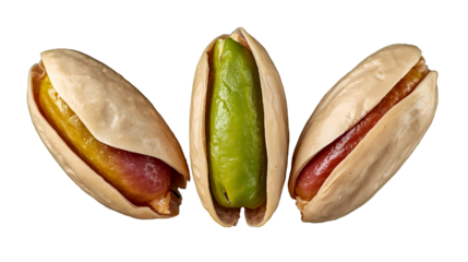 Pistachio nuts on transparent background, with each nut partially open to reveal the vibrant green kernel inside