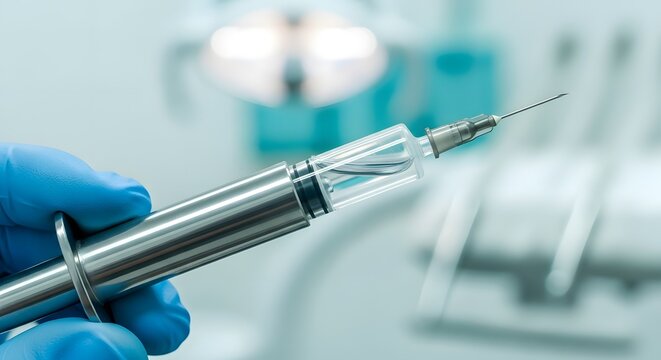 Gloved hand holding a dental syringe with liquid medication in a sterile clinic for pain relief concept and medical precision