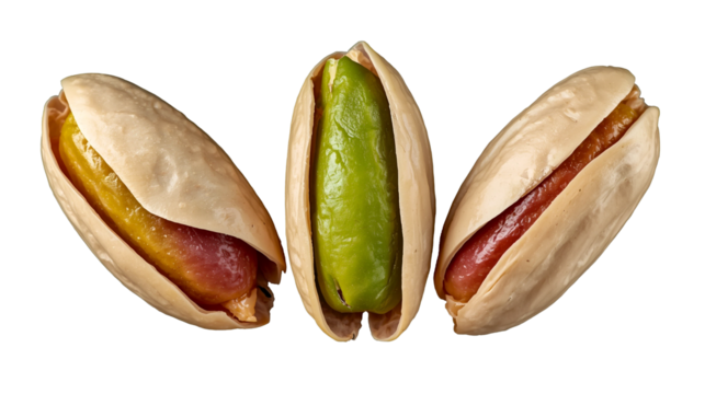 Pistachio nuts on transparent background, with each nut partially open to reveal the vibrant green kernel inside