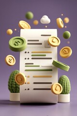 Fototapeta premium 3D render of a receipt roll with floating coins, green arrow, and lush grass scene