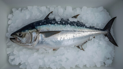A fresh, whole tuna fish resting on a bed of crushed ice.