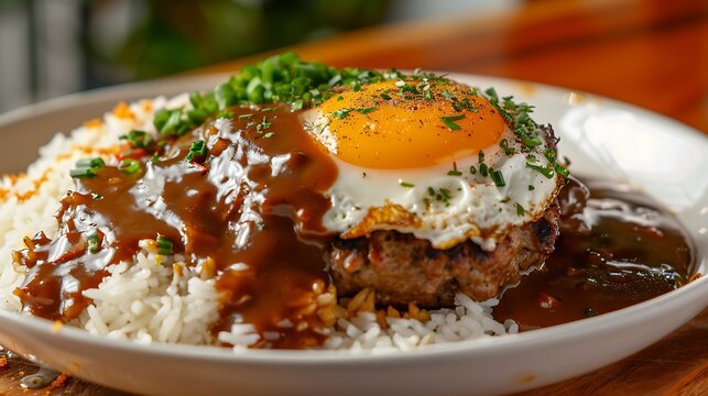 A plate of loco moco with rice hamburger patty fried egg and gravy topped with green onions and parsley