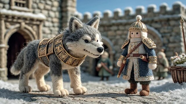 Fantasy scene featuring a wolf and a warrior figure in front of a castle