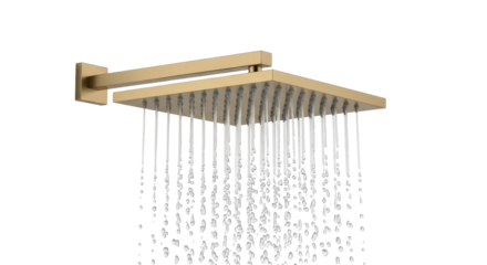 Isolated square rainfall shower head with water running; contemporary bathroom fixture concept