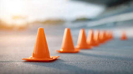 Driving school setup car traffic defocused cones orange, faceless driver training, cone visualization detail, blurred racetrack background, designated concept, training interface,