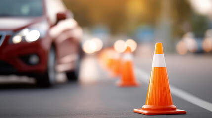 Driving school setup black car defocused orange traffic, faceless cones asphalt, training visualization detail, blurred road background, safety concept, education interface, instru