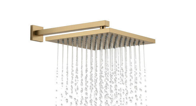 Isolated square rainfall shower head with water running; contemporary bathroom fixture concept