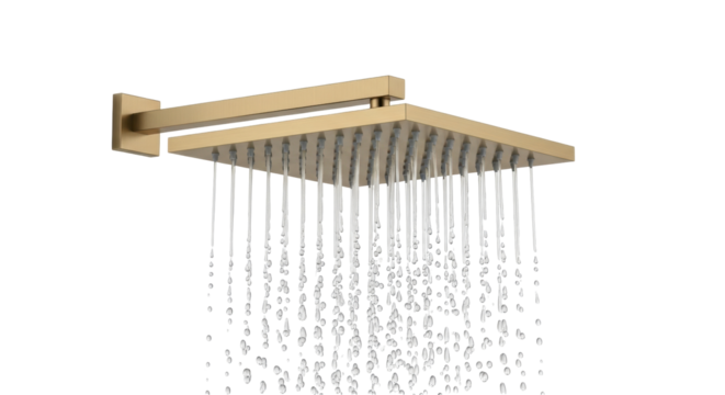 Isolated square rainfall shower head with water running; contemporary bathroom fixture concept - Powered by Adobe