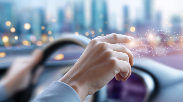 3D render conceptual urban autonomous defocused driving technology, faceless self-driving visualization, city detail, blurred futuristic background, automation concept, vehicle int