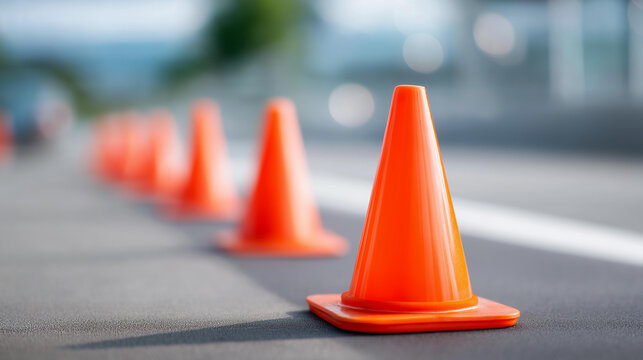 Driving school setup car traffic defocused cones orange, faceless driver training, cone visualization detail, blurred racetrack background, designated concept, training interface,