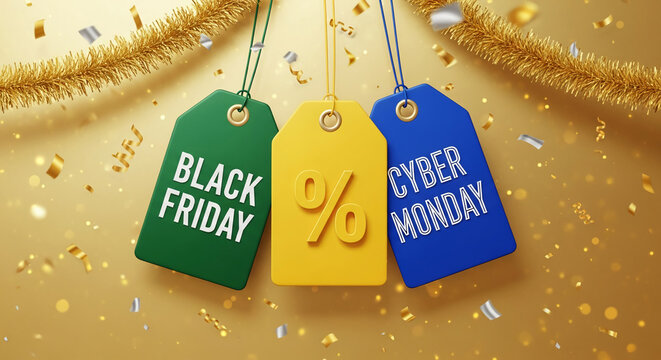 Three tags, green with "Black Friday", yellow with percentage, blue with "Cyber Monday", on golden background with confetti, for holiday sale concept