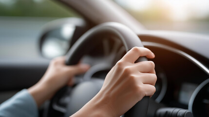 Hands on steering wheel driving defocused car control, faceless driver perspective, driving visualization detail, blurred interior background, control concept, vehicle interface, s