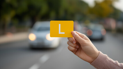 Tearing up L plate after defocused passing driving, faceless test success, celebration visualization detail, blurred achievement background, passing concept, victory interface, suc