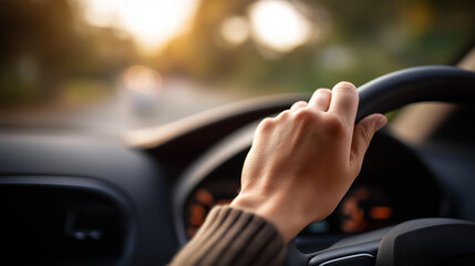 Hands on steering wheel driving defocused car control, faceless driver perspective, driving visualization detail, blurred interior background, control concept, vehicle interface, s