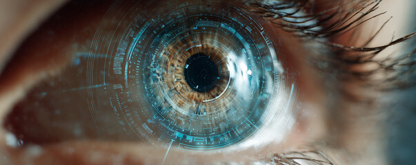 Close-up of a human eye with futuristic digital interface, representing technology and innovation in a digital world