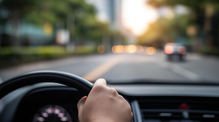 Driver's license test course drive defocused road training, faceless learning path, driving visualization detail, blurred route background, test concept, course interface, road dis