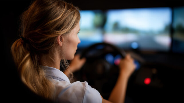Woman sitting driving simulator surrounded defocused screens virtual, faceless realistic practice, road visualization detail, blurred simulation background, training concept, techn