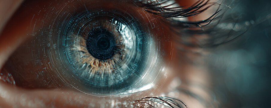 Close-up of a human eye with futuristic digital interface, representing technology and innovation in a digital world 
