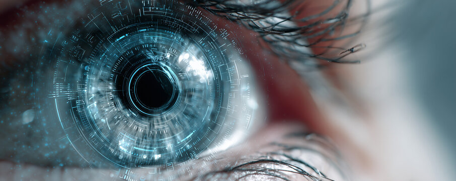Close-up of a human eye with futuristic digital interface, representing technology and innovation in a digital world 